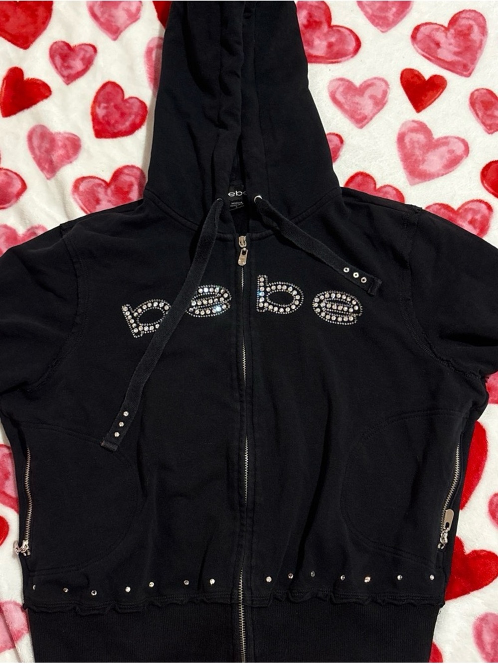 bebe Black Short Sleeve Rhinestone Logo Zip Hoodie